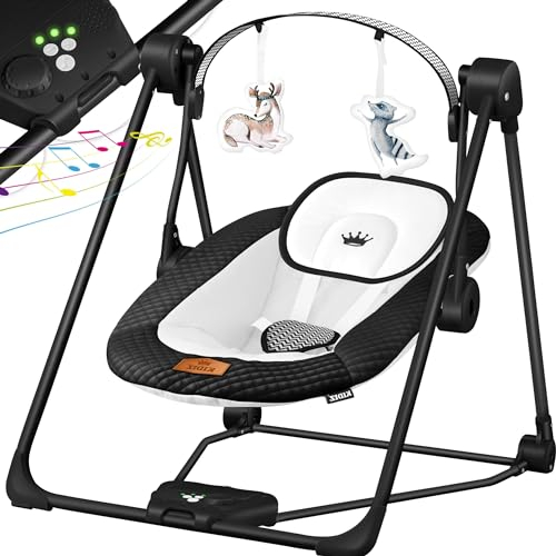KIDIZ® Balancín para bebé con 5 ajustes de velocidad, plegable, con arco de juegos, 5 sonidos naturales calmantes negro