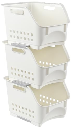 Parlynies Fruit Rack Kitchen Storage Shelf Basket, Stacking Baskets Storage Vegetable Rack Plastic Stackers (White, 3 Baskets)