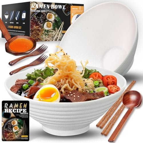 YTLEMON Ensemble De Bols Ramen En Céramique 2×1000ml 34oz, Vaisselle Japonaise Avec Baguettes Fourchette Et Cuillère Bol à Soupe Pour Le Camping Pâtes Salade Cadeaux Pour Hommes Et Femmes (Noir Pur)