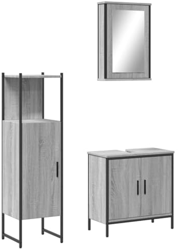 vidaXL Badmöbel Set 3-TLG., Badschrank mit Stauraum, Badezimmer Unterschrank Midischrank Spiegelschrank, Badezimmermöbel, Grau Sonoma Holzwerkstoff