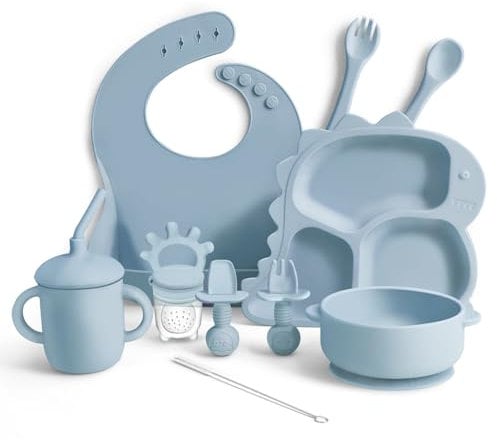 Silicone Baby Weaning Set, 10PCS Baby Feeding Set - Toddler Utensils, Baby Led Weaning Supplies with Dinosaur Plate, Bib, Cup, Suction Bowl, Forks, Spoons, Fruit Feeder, Clean Brush (Blue)
