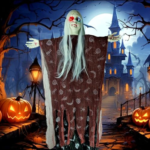 EYQ 55 Halloween Hanging Ghost Decoration, Halloween Scary Hanging Skeleton with Light-up Head, Hanging Ghost Halloween Decorations Outdoor Indoor for Yard Garden Party(1Pc Big Glowing Ghost-1)