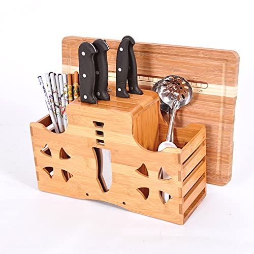 Bamboo Knife Block Holder 4 in 1 Knives Forks Chopsticks Spoons Cutting Board Organizer Kitchen Countertop Storage Cutting Board Chopsticks Holder Without Knives