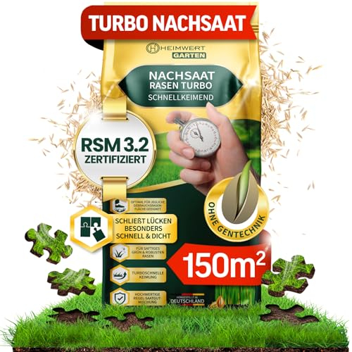 Heimwert Rasensamen schnellkeimend Turbo Nachsaat 3 kg Grassamen schnellkeimend nach original RSM 3.2 Empfehlung aus hochwertigster Gräser Mischung - Sport und Spiel Rasen Made in Germany (3kg)
