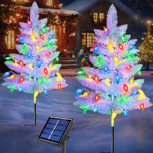 Abkshine 2 Pack White Christmas Tree Outdoor Decorations, Solar Christmas Tree with 60 LED C6 Christmas Lights, Small Artificial Xmas Tree for Outside Yard Porch Pathway Grave Cemetery Christmas Decor