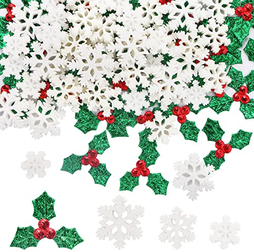 GOKEPO 100 Pieces Tiny Resin Snowflake Decorations with Holly Leaves, Berries, Glitter Snow Shaped Embellishments & Confetti for Christmas Tree, Home & Party Decor