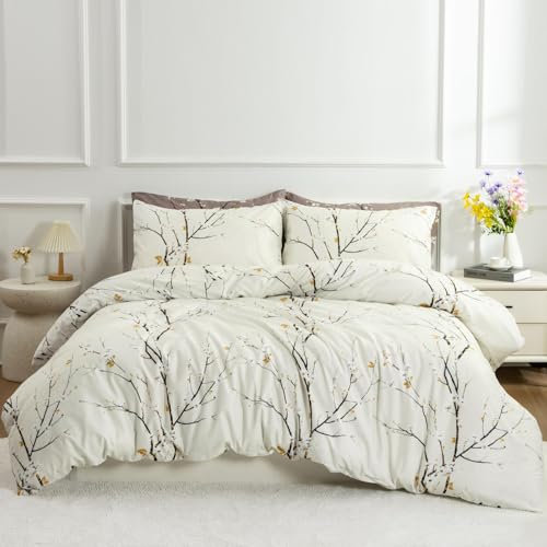 Tospass Floral Bettwäsche 220x240cm Beige Blumen Pflanzen Blätter Bettwaren-Sets Mädchen Blumenmuster Bettbezug Mikrofaser Deckenbezug mit Reißverschluss 2 Kissenbezug 80x80cm