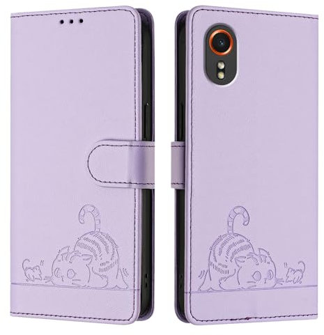 Case for Samsung Galaxy Xcover 7,Embossed Cute Cats, PU Leather Magnetic Wallet Flip Case Protective Cover with Stand function,Card Slots.YB.Purple