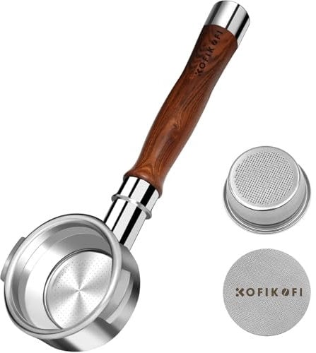 KOFIKOFI Espresso Naked Bottomless Portafilter 58mm, Walnut Handle 2 Ears with Puck Screen and Stainless Steel Filter Basket, for E61, Flair 58, ECM, Rocket, Sanremo, Synesso, Slayer, VBM