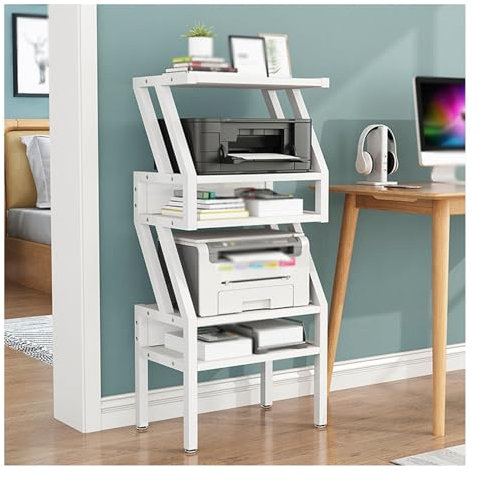 5-stufiger AV-Medienständer, Z-förmiger CD-Player-Ständer, offenes Aufbewahrungs-Audioregal aus Holz, AV-Medien-Audioständer for Wohnzimmer, Büro, Theater, Aufnahmestudio (Schwarz, Weiß)(White)