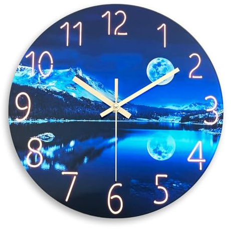 Constantplanet 12 Inch Blue Moon Glass Wall Clocks Battery Operated | Round Modern Decorative Wall Clock for Living Room Bedroom Office Bathroom Kitchen Decor Silent Non-Ticking