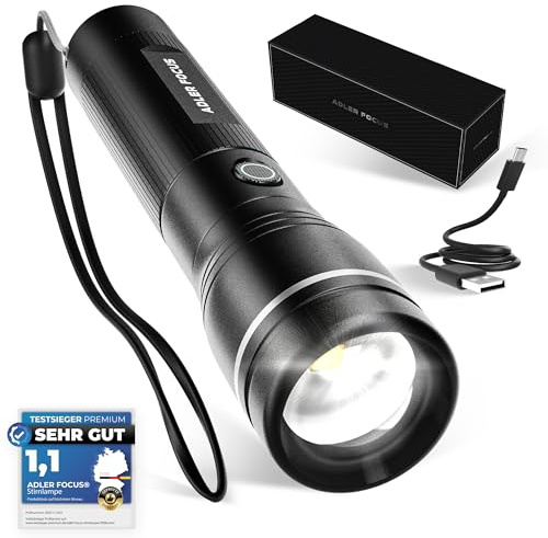 Adler Focus Taschenlampe | LED wiederaufladbar 2000 Lumen | Fokussierbare Strahlreichweite von 800 Metern | 28 Stunden Leuchtdauer | Für Camping, Wandern [Energieklasse A]