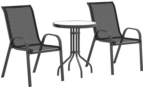 Outsunny 3 pièces Salon de Jardin extérieur, Ensemble de Meubles 2 fauteuils empilables, Table Basse avec Dessus en Verre trempé, Tissu en textilène, pour Patio, terrasse, Balcon, Noir