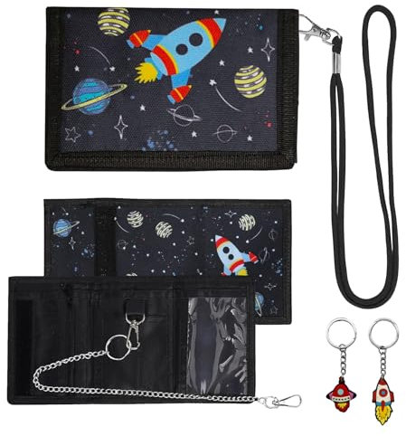 AYSYR Porte-monnaie pour enfants et clés, porte-monnaie trifold, sac tour de cou avec fermeture éclair, porte-monnaie pour garçons, fusée spatiale, porte-monnaie pour fille avec compartiment photo