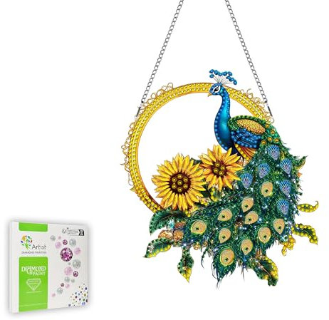 Ginfonr Diamond Painting Kits Anhänger, Pfau Diamond Fensterdeko Hängend, Sonnenblume Diamantmalerei für Deko Haustür Sonnensegel, Doppelseitige Hängend kits für Fenster (20x20 cm)