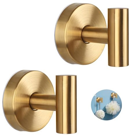 VEINARDYL 2 Pcs Suction Cup Hooks, Stainless Steel Removable Shower Towel Hook, No Drill Towel Holder for Bathroom, Kitchen Glass Door Wall for 15 Lb Heavy Duty Clothes - O Shape, Gold