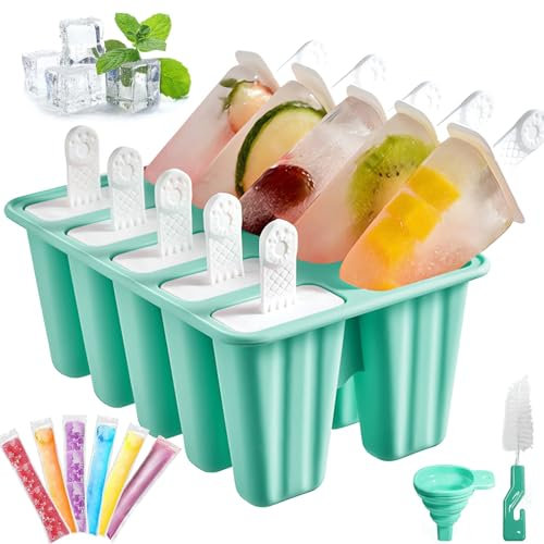 10 cavidades reutilizables,Moldes de silicona para paletas,Reutilizable, Fácil de Desmoldar para Paletas y Helados Caseros (LS-10)