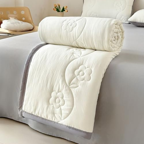 DOTBUY-SHOP Quilted Bedspreads, Flower Pattern Quilt Bed Throws Cotton Filling Duvet Super King Single Double Size Children's Bed Quilted Throw for All Season (Cream Colour,200x230cm)
