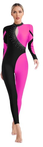 Xnihocha Mesdames Corps Entier Collant Manches Longues Paillettes Gymnastique Corps Jersey Avec Strass Patinage Artistique Costume Pour Homme Patchwork Justaucorps Rose vif S