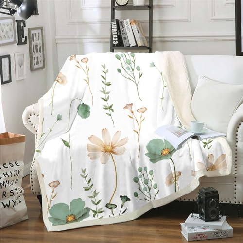 Homewish Decke mit Blumenmuster, Aquarell, 150 x 200 cm, Sofadecke, Blumenmuster, Beige, Salbeigrün, für Mädchen und Damen, Erwachsene, Fleecedecke, floral, modern, minimalistisch, ästhetische