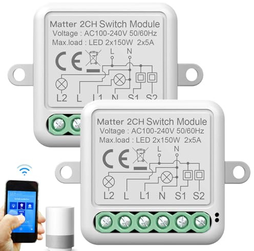 2 unidades WiFi Mini Smart Alexa regulador de luz interruptor de luz módulo de relé de 2 marchas, interruptor WiFi empotrado compatible con Tuya, Smart Life, Google Home con temporizador y función de