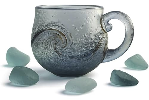 Sea Glass Wave Mug, 12oz Handmade Oceans Wave Coffee Mug, Handcrafted Textured Beach Theme Drinking Cup, Sea Inspired Resin Drinkware for Tea, Coffee, Cold Water, Cocktails, Milk, Juice