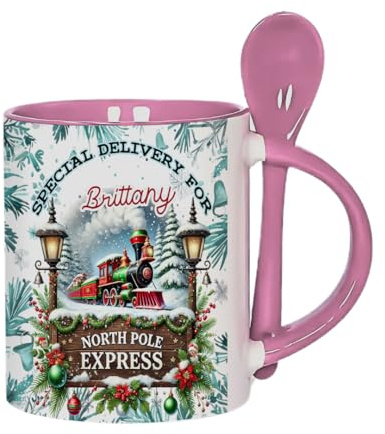 Getagift Personalised North Pole Express Train, Custom Name Print, Christmas Festive Holiday Special Delivery Artwork, 11oz Inside Colour with Spoon Ceramic Coffee Mug. (Pink)