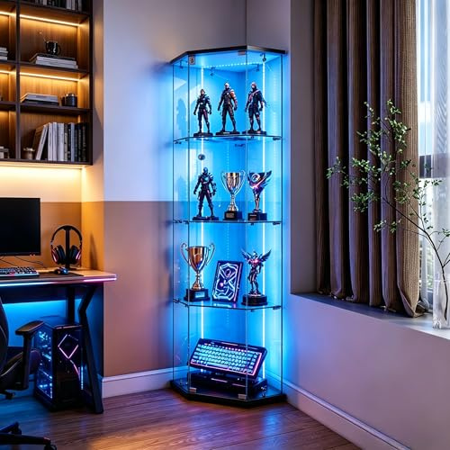 QMTXBYJ Eck-Glasvitrine mit 1 Türen und Schloss,162cm Eckvitrine Stehend mit LED-Beleuchtung,4 Lagen Eck Vitrinenschrank Sammlervitrine Schauvitrine aus Gehärtetes Glas (LED-Lichtstreifen, Schwarz-D)