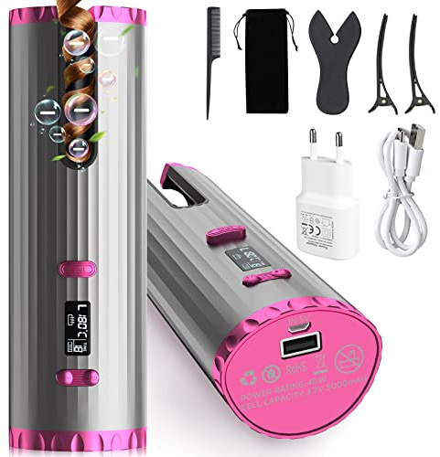 Arricciacapelli automatico professionale, senza fili, con ioni negativi, con adattatore, ricarica USB, timer e 6 temperature, portatile, in ceramica, per ricci grandi e piccoli