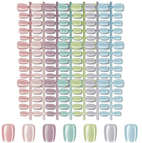 210 Pcs Glossy Cat Eye Short Press On Nails | 7 Light Colors Pink & Gradient Tones Square Stick on Nails for Women Teens (Macaron Colors)
