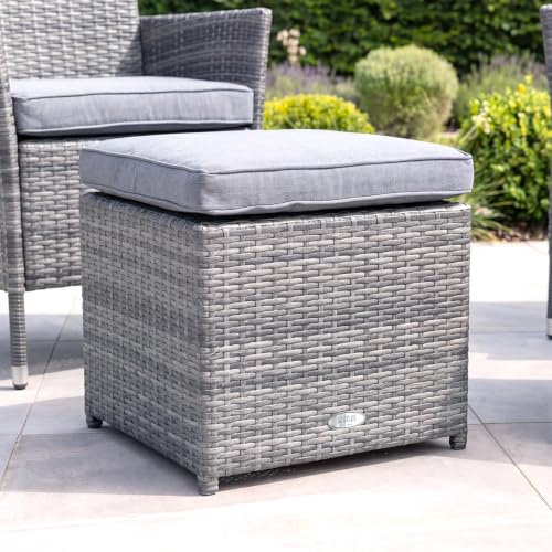 CHARLES BENTLEY Garden, Patio, Outdoor, Pair of Rattan Footstools, Grey, Weather Resistant, Removable Cushion, Balcony Furniture Set, Grey Cushions, 2 Footstools, 2 Cushions, Waterproof (45x45x37cm)