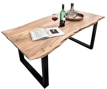 SAM Esszimmer-Tisch Mephisto 180 x 90 cm aus Akazie-Holz, Esstisch mit schwarz lackierten Beinen aus Roheisen, naturbelassene Optik mit Einer Baum-Kanten Tischplatte