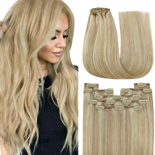 YoungSee Echthaar Extensions Clip Blond 50 cm Goldblond Strahnchen Mittelblond Clip in Extensions Echthaar Blond Voller Kopf Clip in Extensions Dunkelblond Clip in Haare 120g 16/22