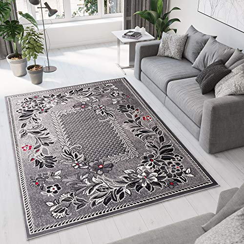 TAPISO Dream Teppich Wohnzimmer Kurzflor Grau Rot Creme Schwarz Floral Blumen Blätter Karo Bordüre Schlafzimmer Küche ÖKOTEX 250 x 350 cm
