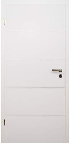 HORI® Zimmertür Komplettset mit Zarge und Türdrücker I Innentür weiß lackiert mit 4 Querstreifen I Höhe 198,5 cm I Anschlag, Breite und Wandstärke wählbar I DIN links I 1985 x 610 x 80 mm