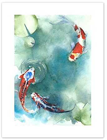 Wee Blue Coo LTD Japanese Koi Fish with Lilies Art Print Canvas Premium Wall Decor Poster japanisch Fisch Wand Deko