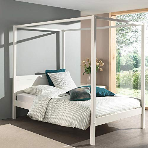 Lomadox Himmelbett weiß lackiert 140x200cm, mit Lattenrost