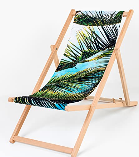 Merino Wool Faltbarer Liegestuhl Sonnenliege Klappbar Gartenliege Rückenlehne Hölzerner Strand Stuhl Liegestuhl Möbel Zubehör, Gartenliege aus Holz Liegestuhl/Relaxliege/Strandstuhl (1, Palm Leaves)