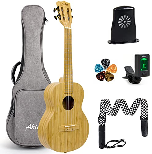 AKLOT Konzert-Ukulele, massiver Bambus, 58,4 cm, für professionelles Ukulelen-Set mit Gigbag, Gurt, Plektren, Stimmgerät