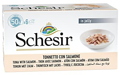 Schesir Cat Jelly Thunfisch mit Lachs, Katzenfutter nass, 8 x 6 Dosen x 50 g