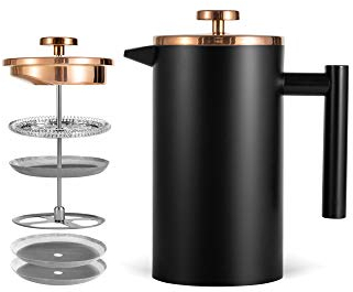 MaxMiuly Small Cafetiere 1 Cup Stainless Steel French Press Coffee Maker Double Wall Insulated Coffee Press 350ml/12oz with 2 Filter Mesh Black Cafetiere Coffee Pot Rose Gold Lid