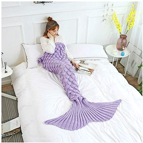 YOUCAI Meerjungfrau Schwanz Decke für Erwachsene Kinder Warme Flauschige Weiche Handarbeit Strickmuster Fischschwanz Decken, All-Saison-Schlafdecke, Lila 1 180x90cm