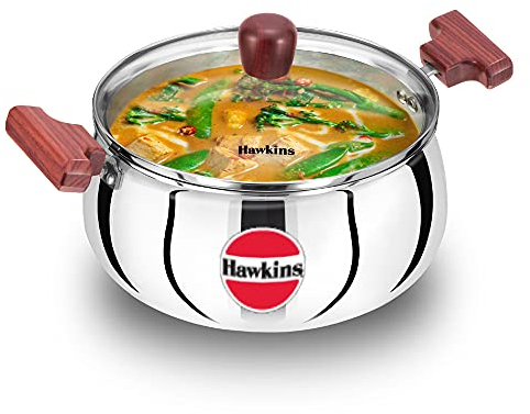 Hawkins Cook n Serve Handi de 4 litros, acero inoxidable triple con tapa de cristal, sartén para inducción, Biryani Handi, cacerola, plata (SSH40G)