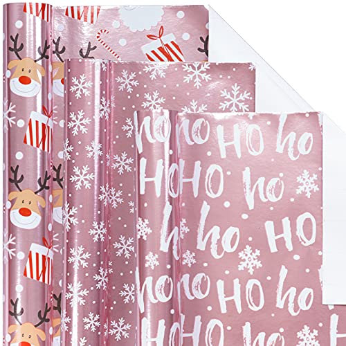 LeZakaa Weihnachts-Geschenkpapier Mini-Rolle, rosa Metallic-Folienglanzpapier – Schneeflocken/Weihnachtsmann/HO-Druck für Geschenkverpackung, Kunsthandwerk – 43,2 x 304,8 cm – 3 Rollen (42,5