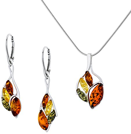 AMBEDORA Damen Setz Sabine Silber 925 Poliert Farbiger Baltischen Bernstein Anhänger mit Schlange Kette und Ohrringe Geschenk-Set