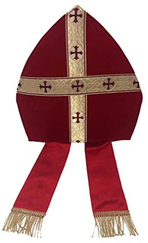 Marco Porta Mitra Nikolaus Bischofsmütze Bischof rot gold aus Samt, mit Bändern