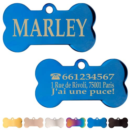 Iberiagifts - Plaque d'identification en forme d’os en Acier Personnalisé gravée Pour animaux de compagnie moyens à grands. (Bleu) 40x21 mm