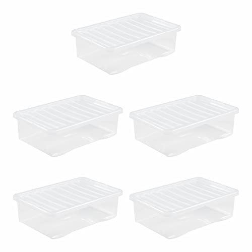 JMS we create smile [Pack of 5] x 32 Litre Plastic Clear Crystal Storage Boxes & Lids Home & Office - Stackable & Nestable