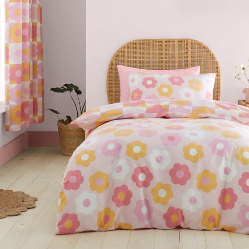 Catherine Lansfield Wende-Bettwäsche-Set mit Kissenbezügen, Retro-Design, Gänseblümchen, Rosa