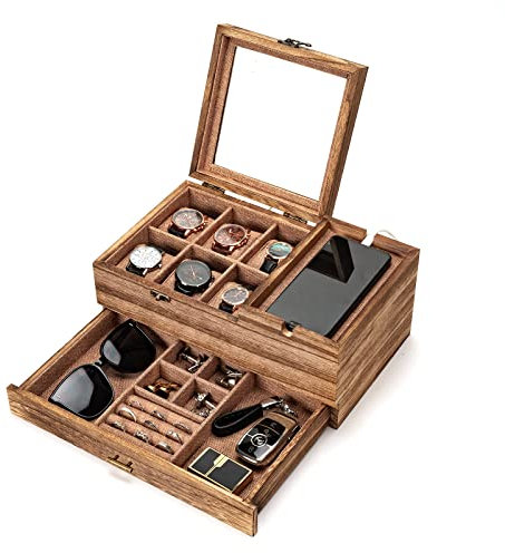 Uhrenbox Organizer für Männer, 6 Steckplätze Uhrengehäuse für Herren Display & Aufbewahrung Uhr, Massivholz Uhrenhalter Hüllen für Männer, Geschenk für Freund, Vatertag, Geburtstagsgeschenke